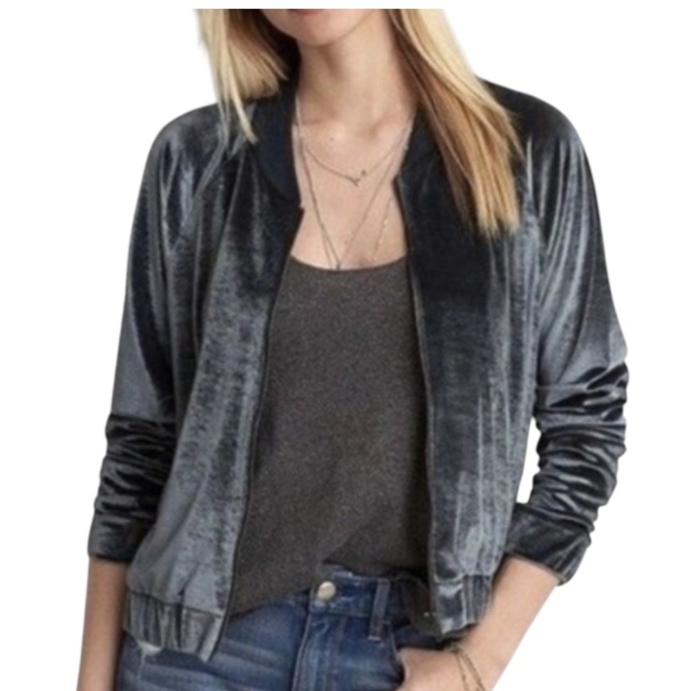 AMERICAN EAGLE Dark Steel Blue-ish Gray VELVET BOMBER JACKET Full Zip Pockets S